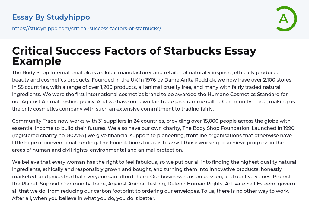 Critical Success Factors of Starbucks Essay Example