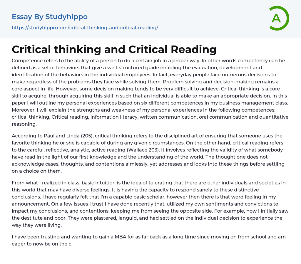 Critical thinking and Critical Reading Essay Example