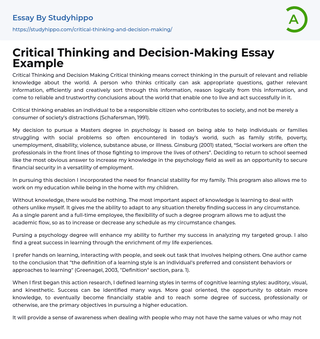 Critical Thinking and Decision-Making Essay Example