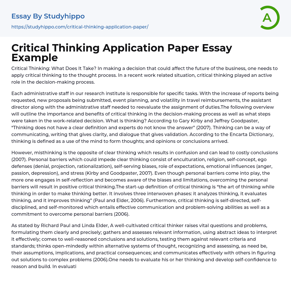 Critical Thinking Application Paper Essay Example