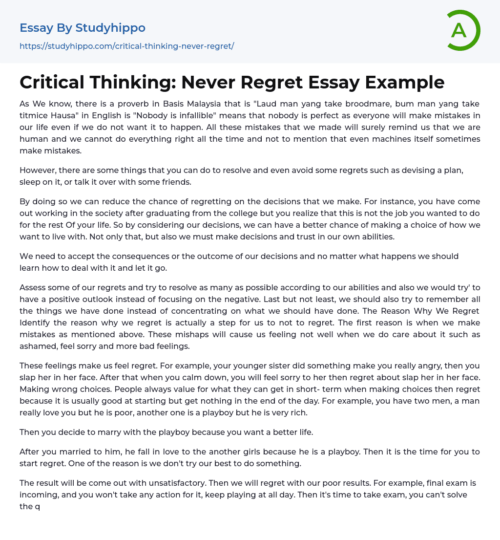 Critical Thinking: Never Regret Essay Example