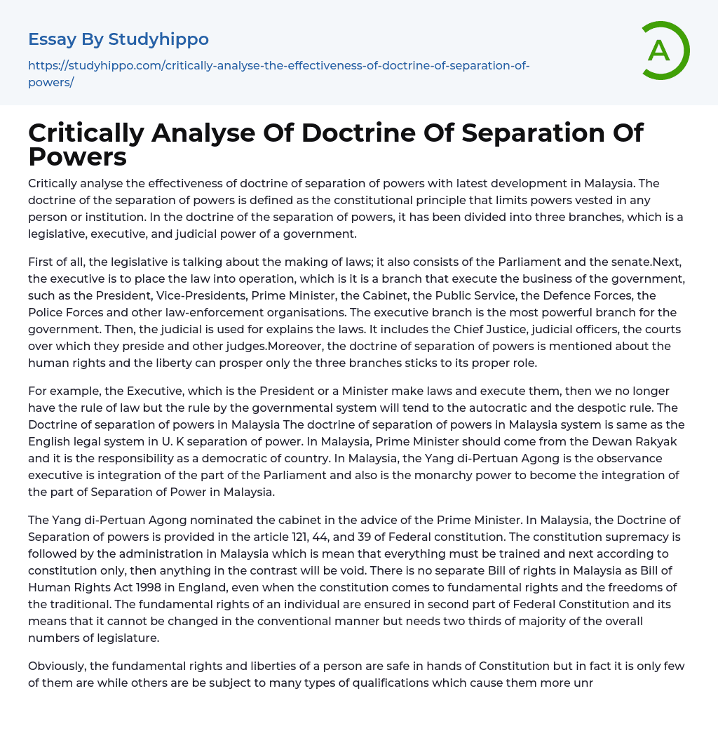 Critically Analyse Of Doctrine Of Separation Of Powers Essay Example