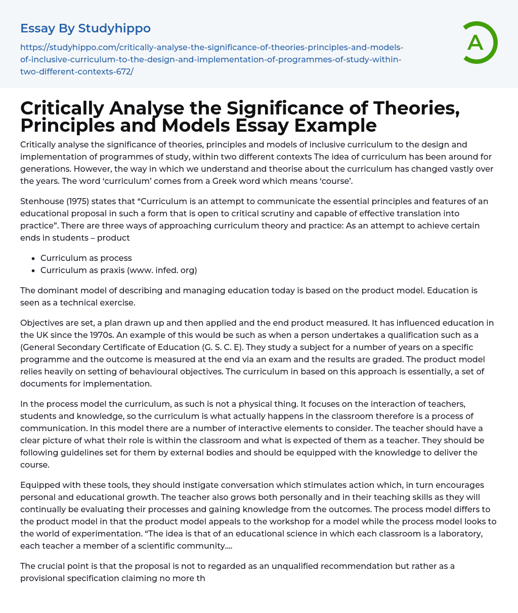 Critically Analyse the Significance of Theories, Principles and Models Essay Example