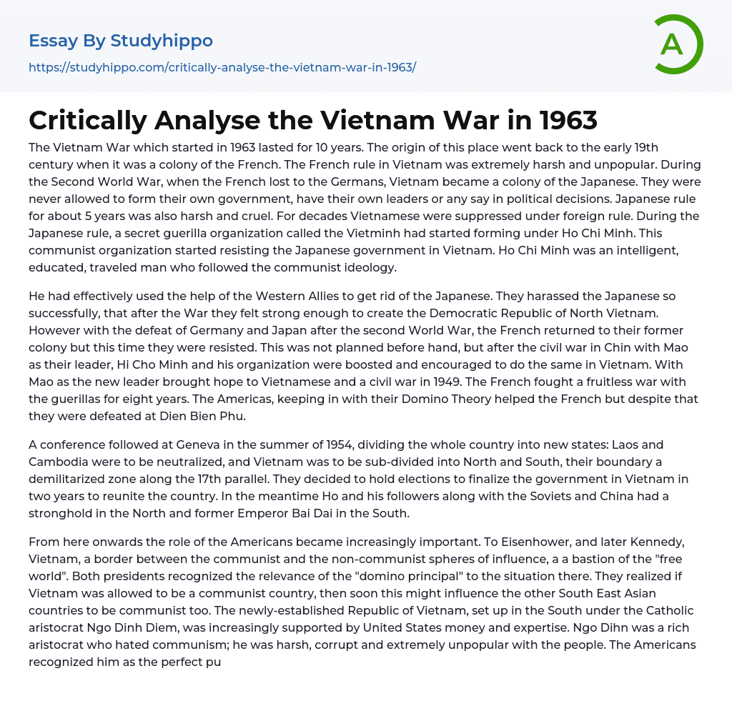 Critically Analyse the Vietnam War in 1963 Essay Example