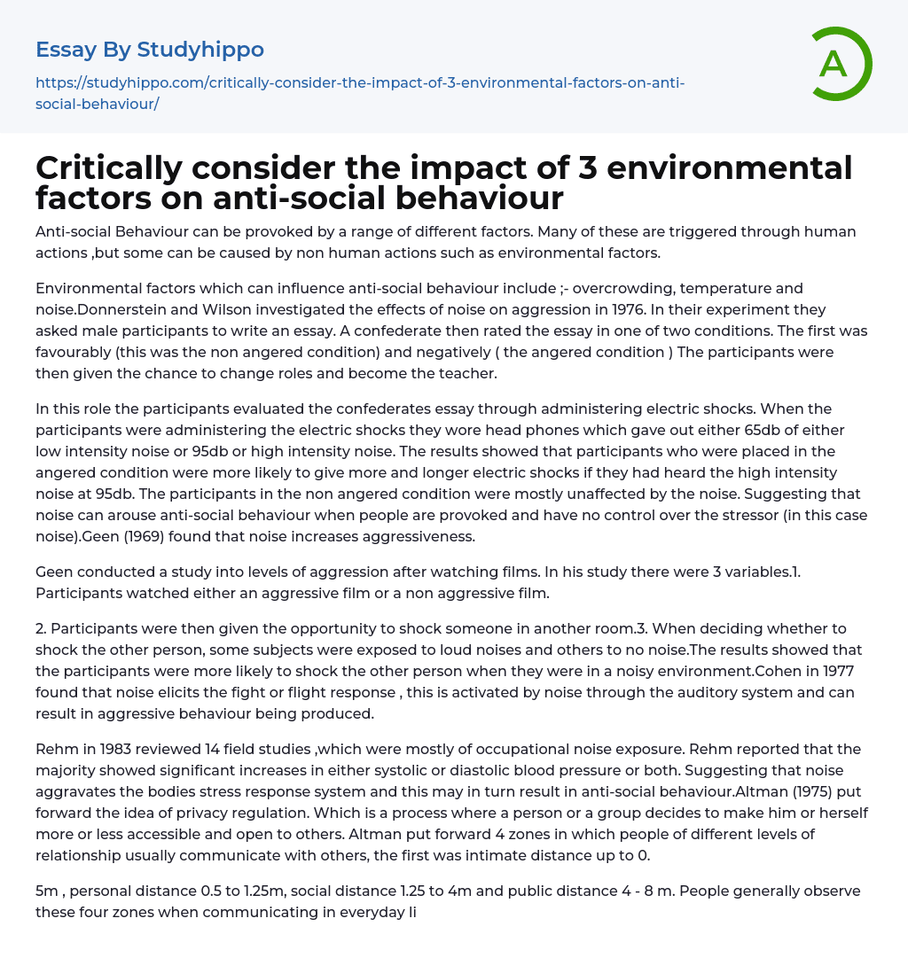 Critically consider the impact of 3 environmental factors on anti-social behaviour Essay Example