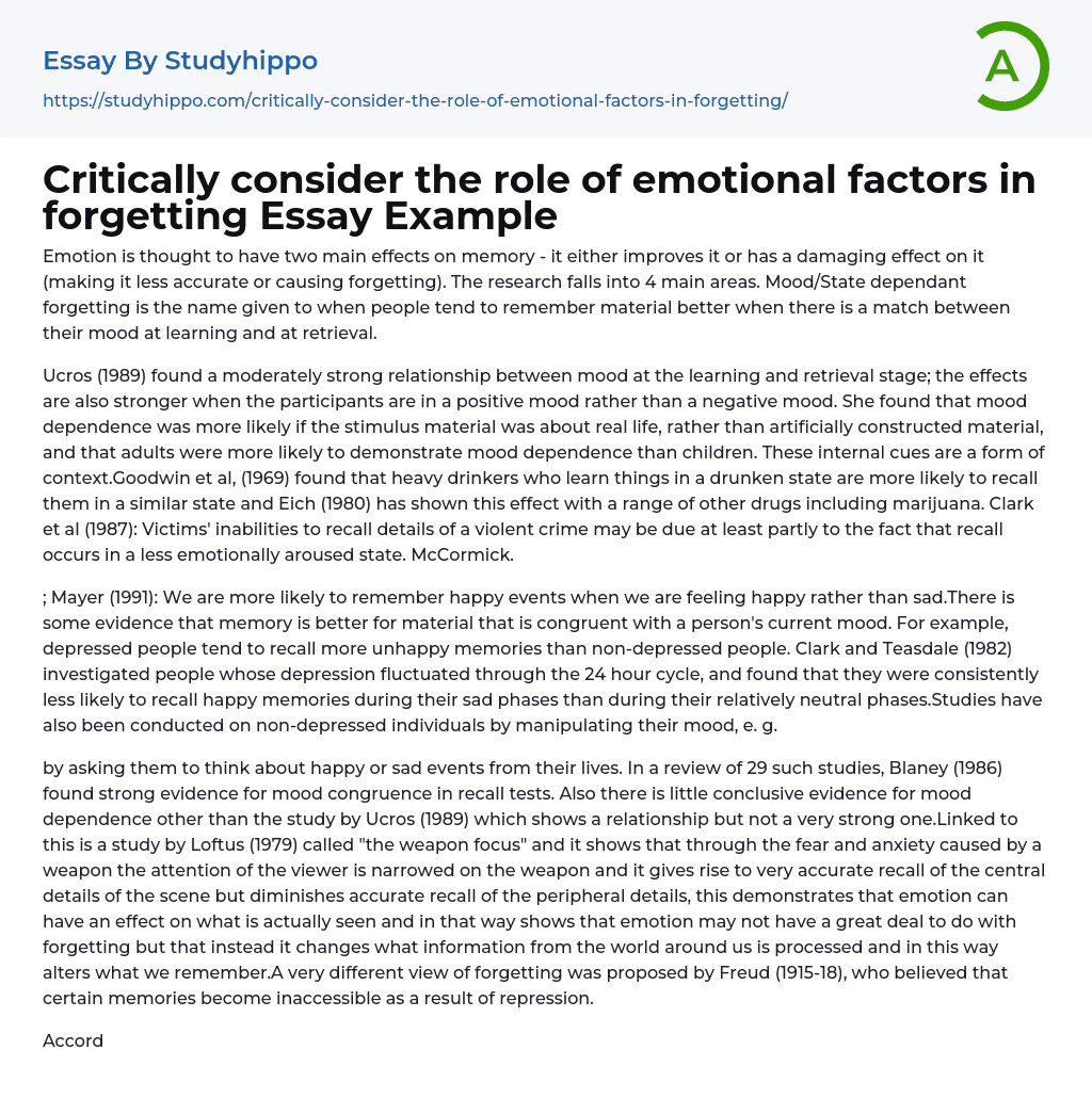 Critically consider the role of emotional factors in forgetting Essay Example