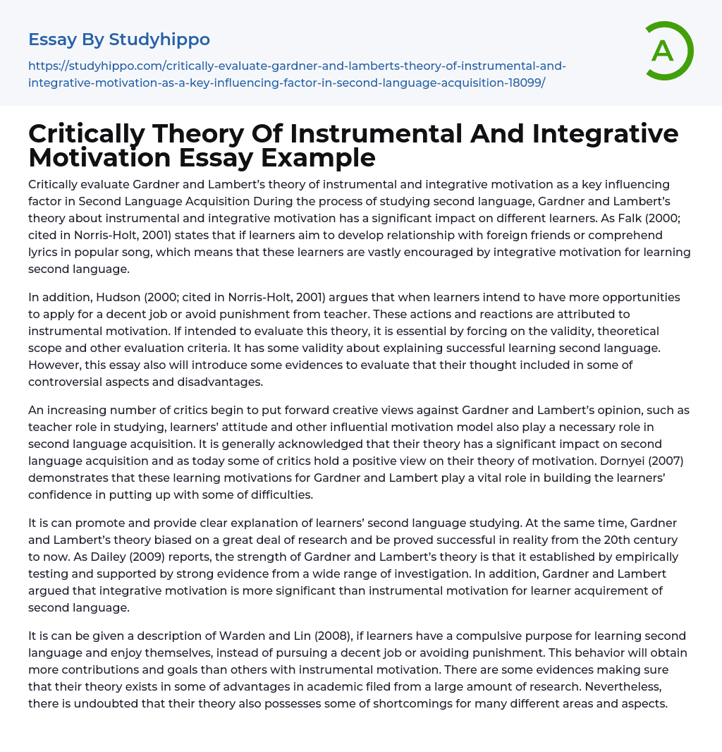 Critically Theory Of Instrumental And Integrative Motivation Essay Example