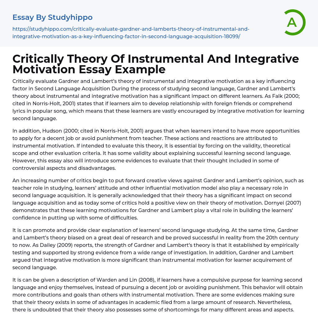 Critically Theory Of Instrumental And Integrative Motivation Essay 