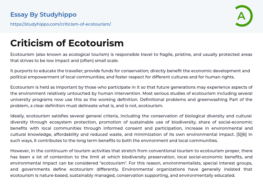 Criticism of Ecotourism Essay Example