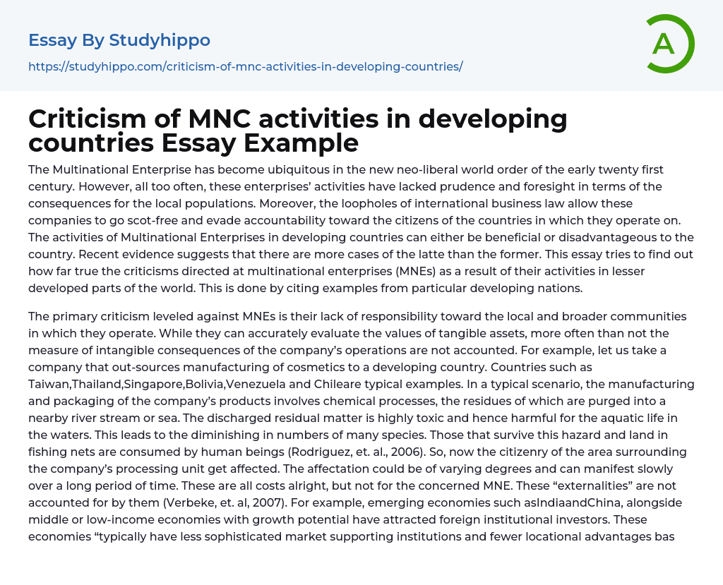 Criticism of MNC activities in developing countries Essay Example