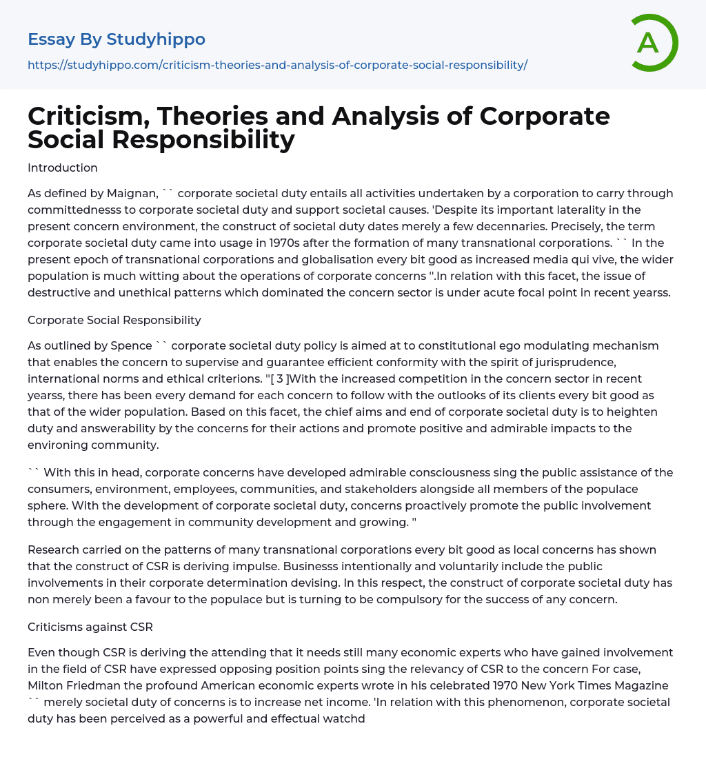 Criticism, Theories and Analysis of Corporate Social Responsibility Essay Example