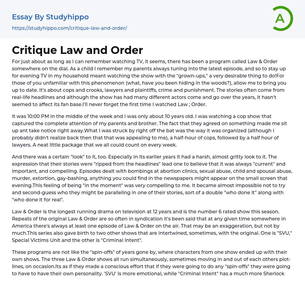 Critique Law and Order Essay Example