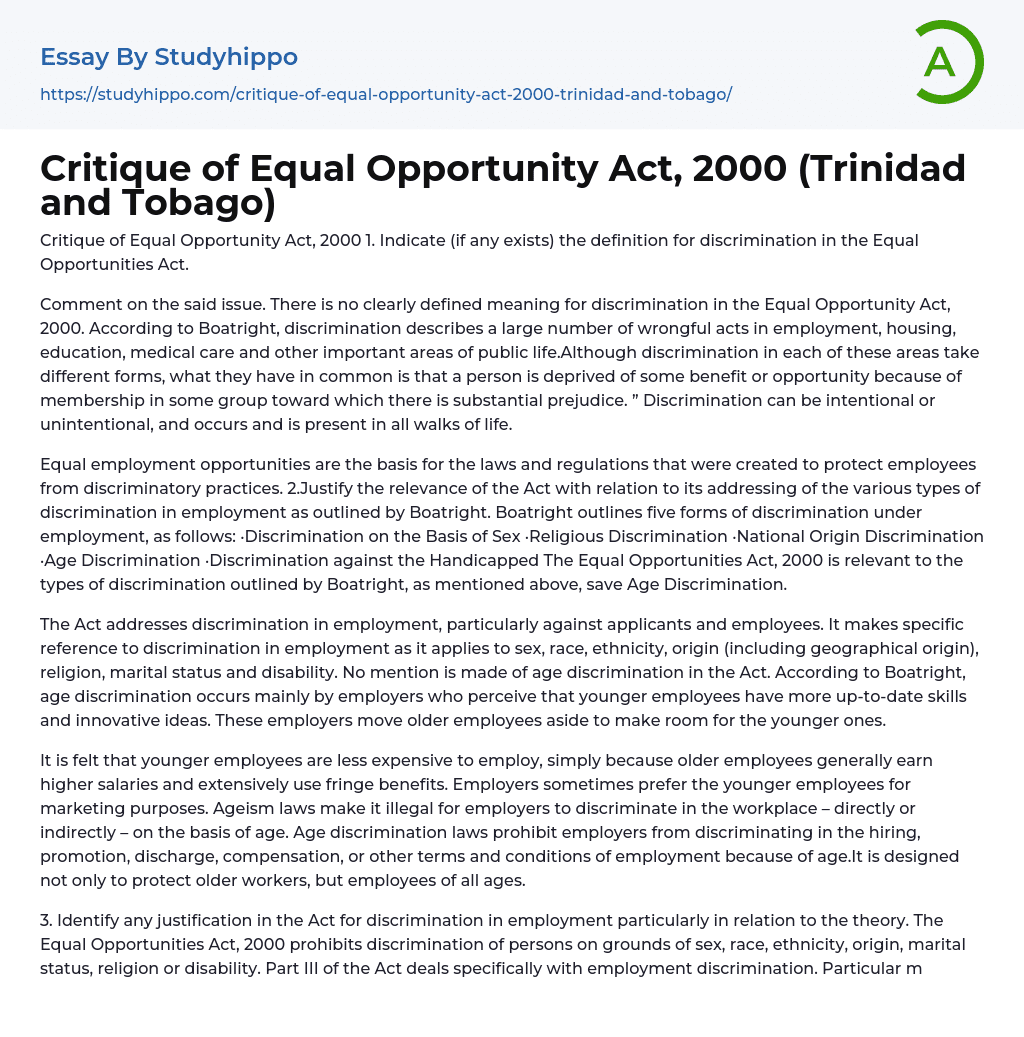 Critique of Equal Opportunity Act, 2000 (Trinidad and Tobago) Essay Example