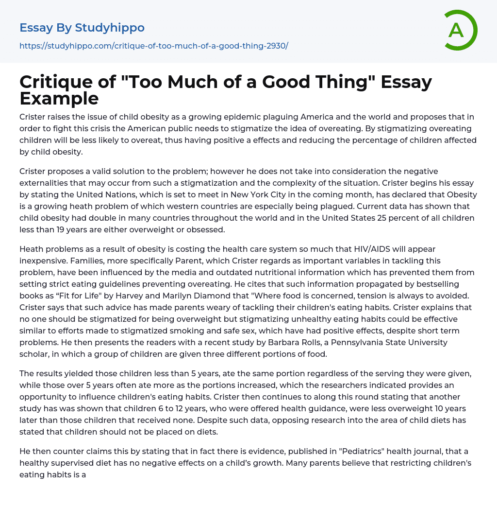 Critique of “Too Much of a Good Thing” Essay Example
