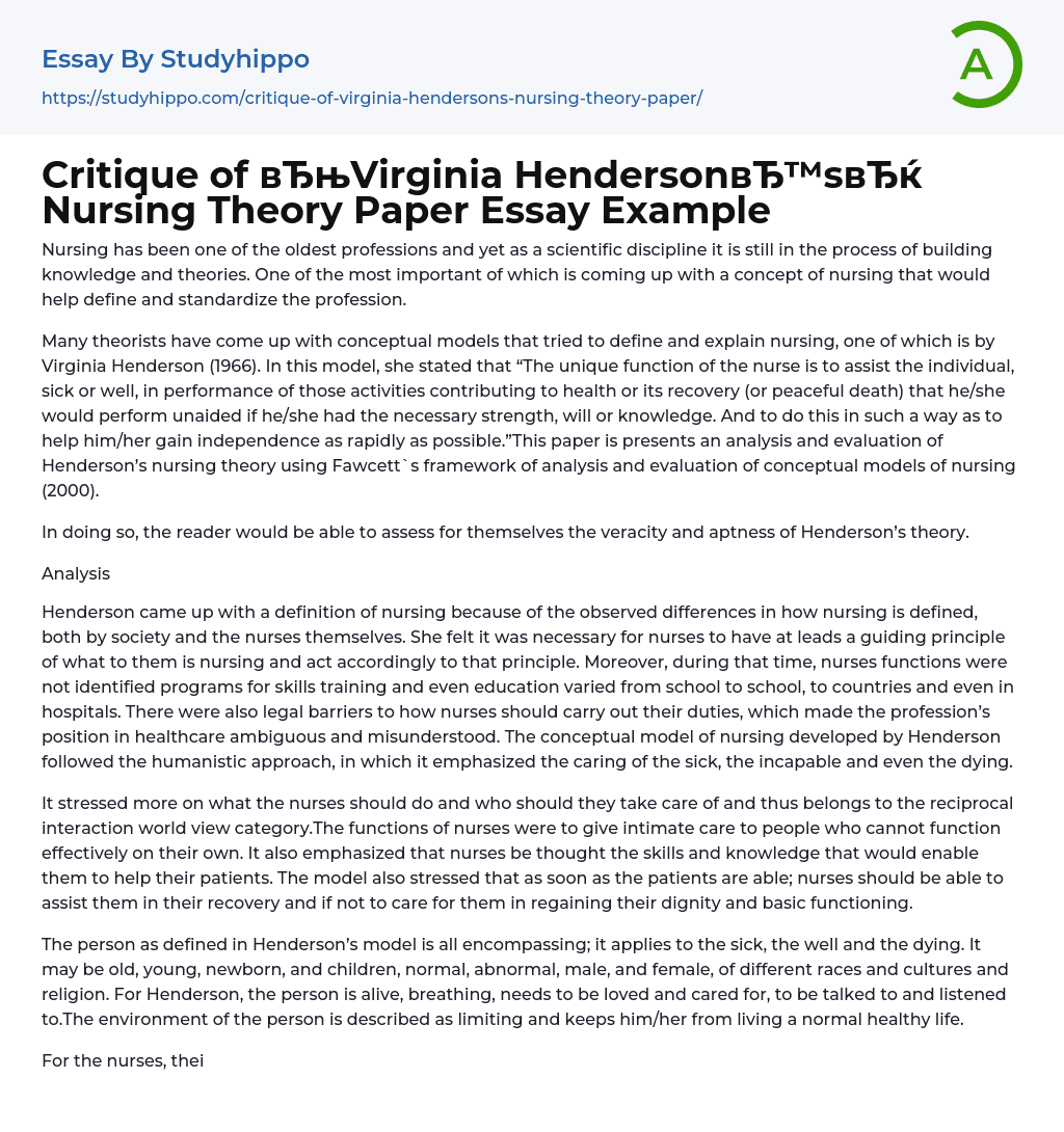 Critique of “Virginia Henderson’s” Nursing Theory Paper Essay Example