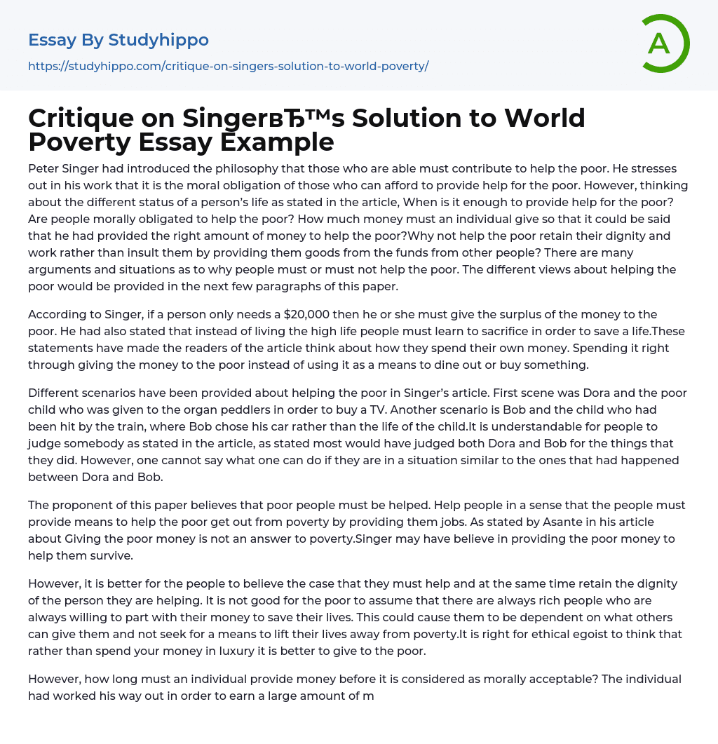 Critique on Singer’s Solution to World Poverty Essay Example