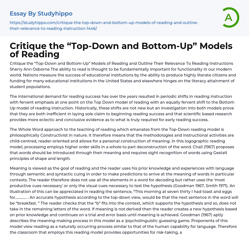 Critique the “Top-Down and Bottom-Up” Models of Reading Essay Example