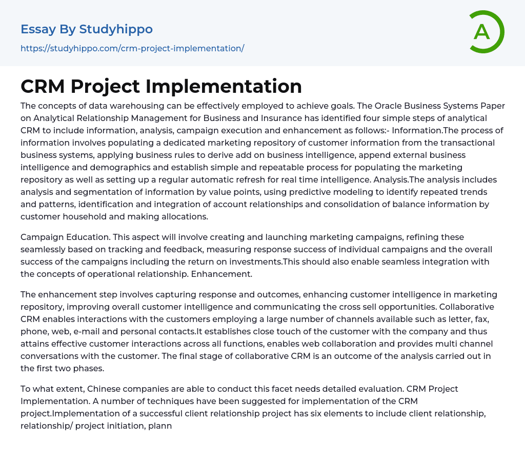 CRM Project Implementation Essay Example