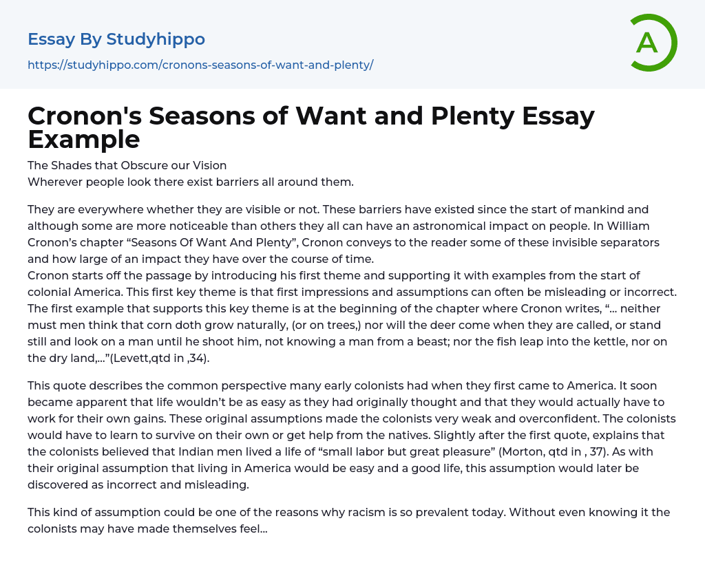 Cronon’s Seasons of Want and Plenty Essay Example