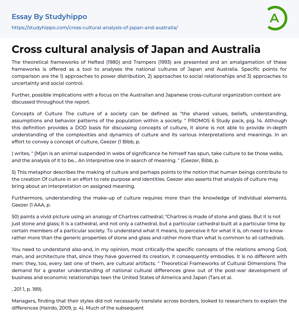 Cross cultural analysis of Japan and Australia Essay Example