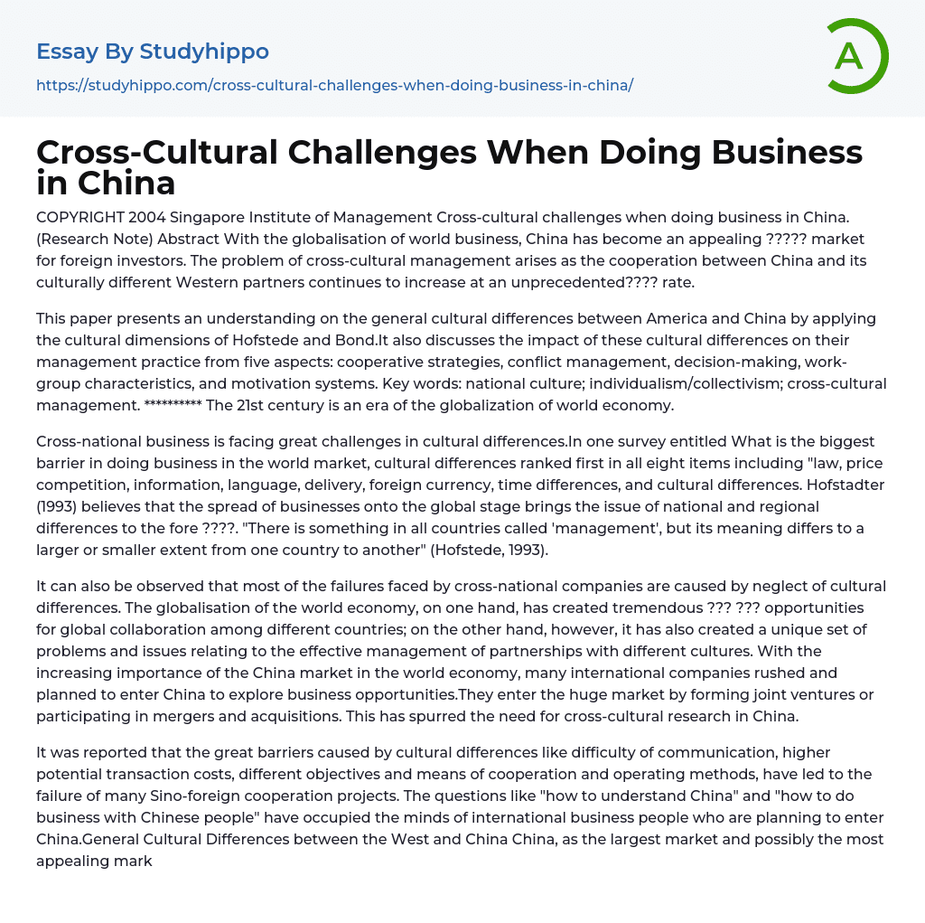 Cross-Cultural Challenges When Doing Business in China Essay Example