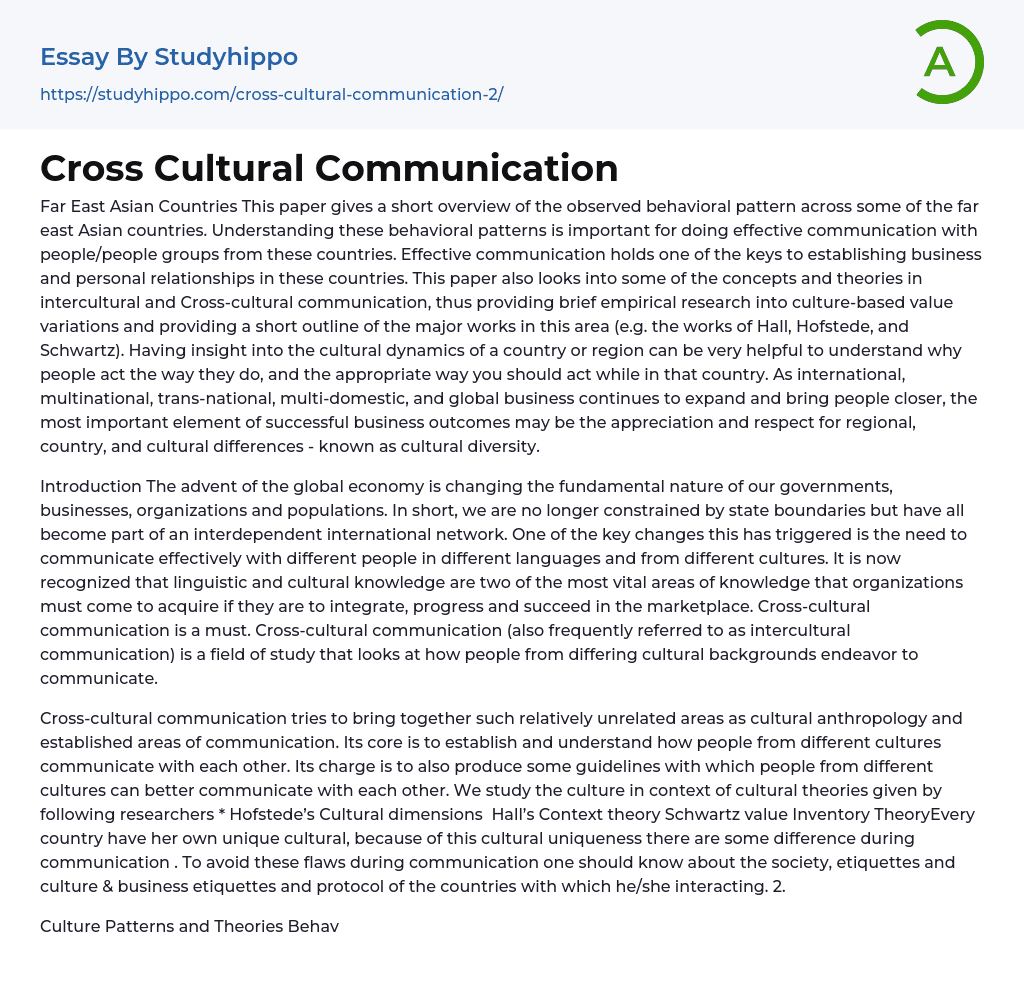 Cross Cultural Communication Essay Example