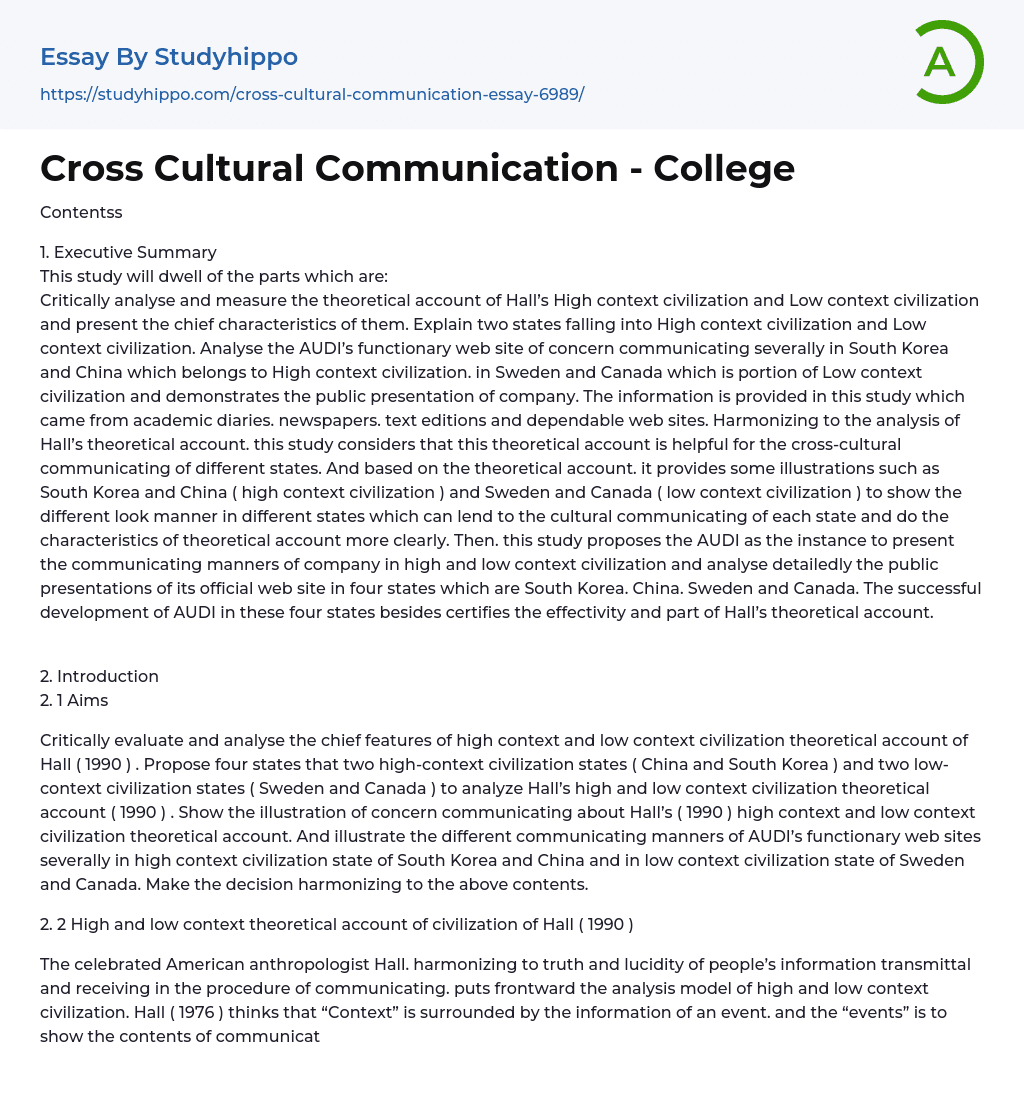 Cross Cultural Communication – College Essay Example