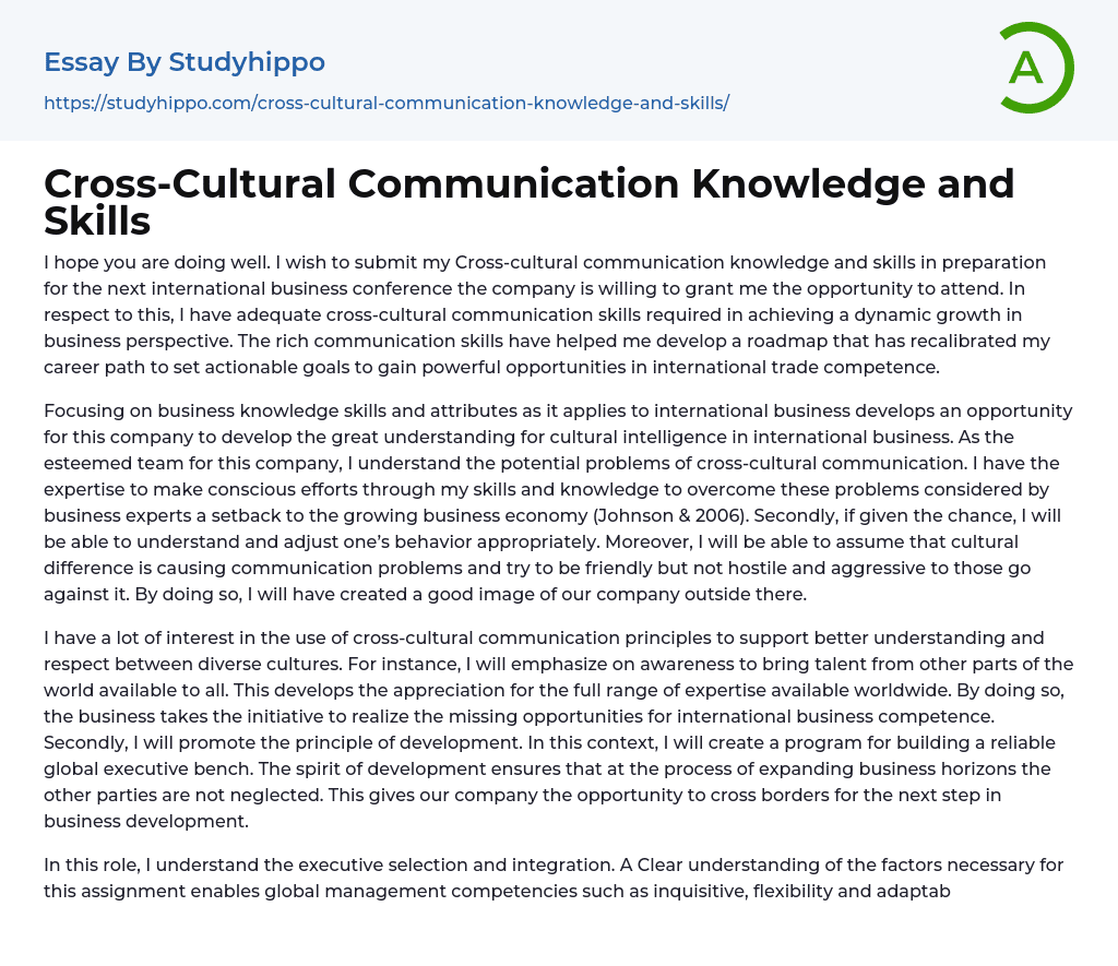 Cross-Cultural Communication Knowledge and Skills Essay Example