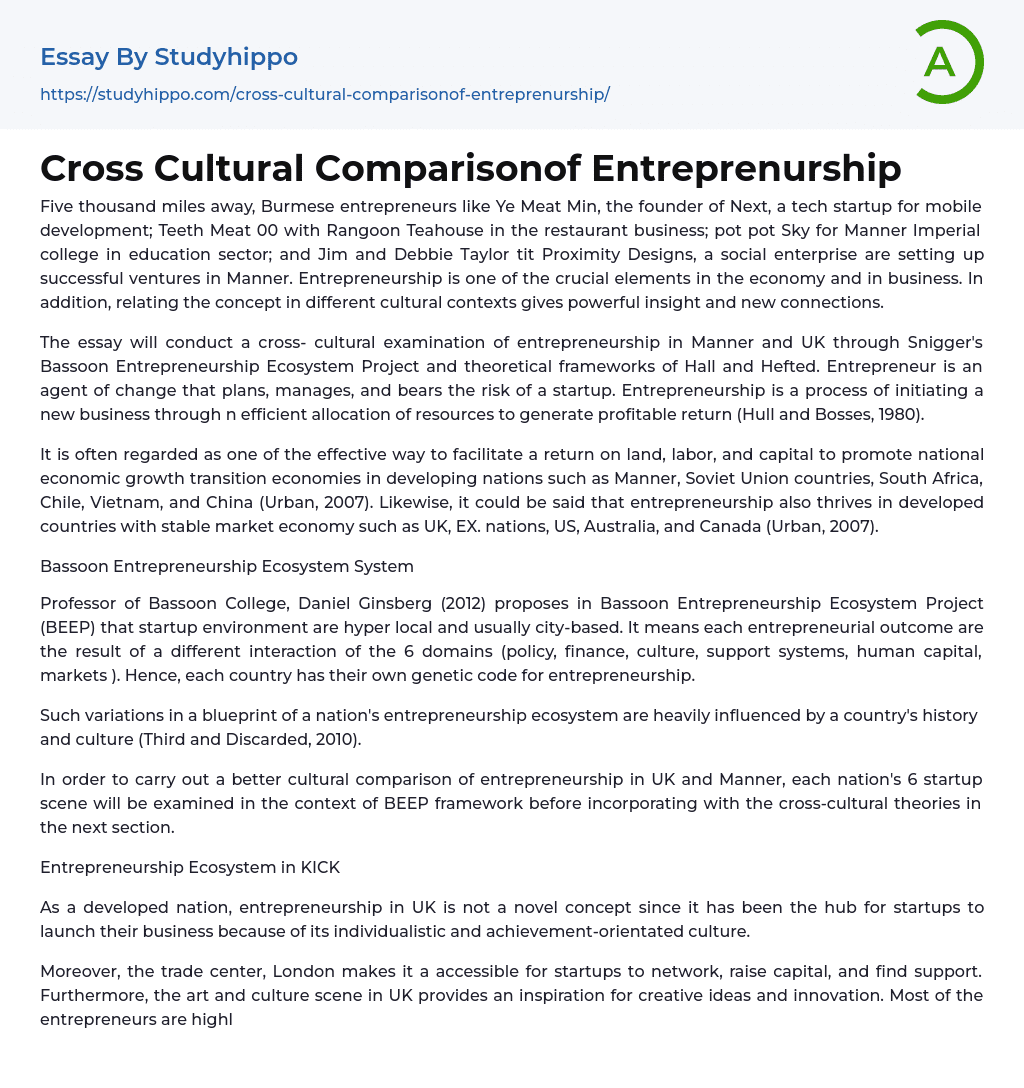 Cross Cultural Comparisonof Entreprenurship Essay Example