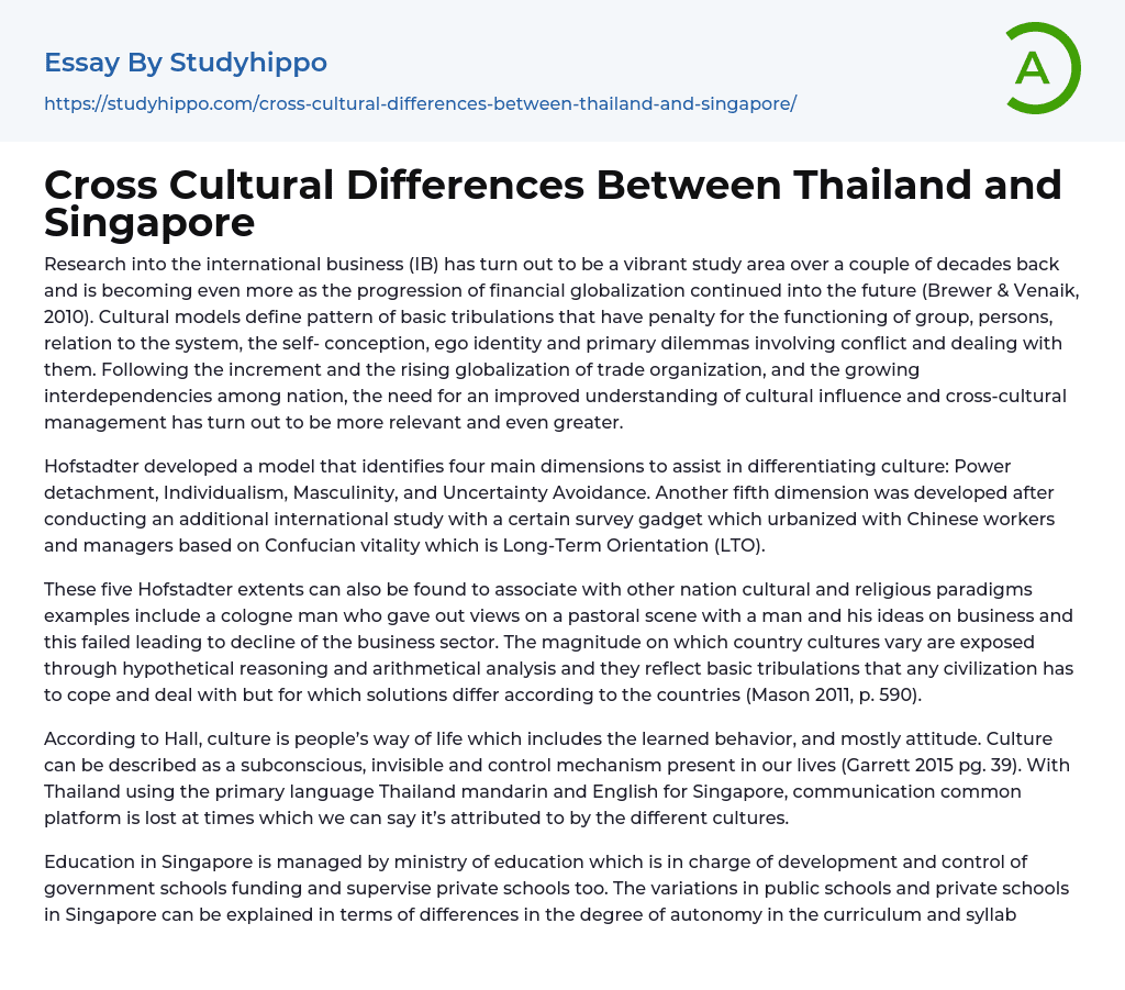 Cross Cultural Differences Between Thailand and Singapore Essay Example