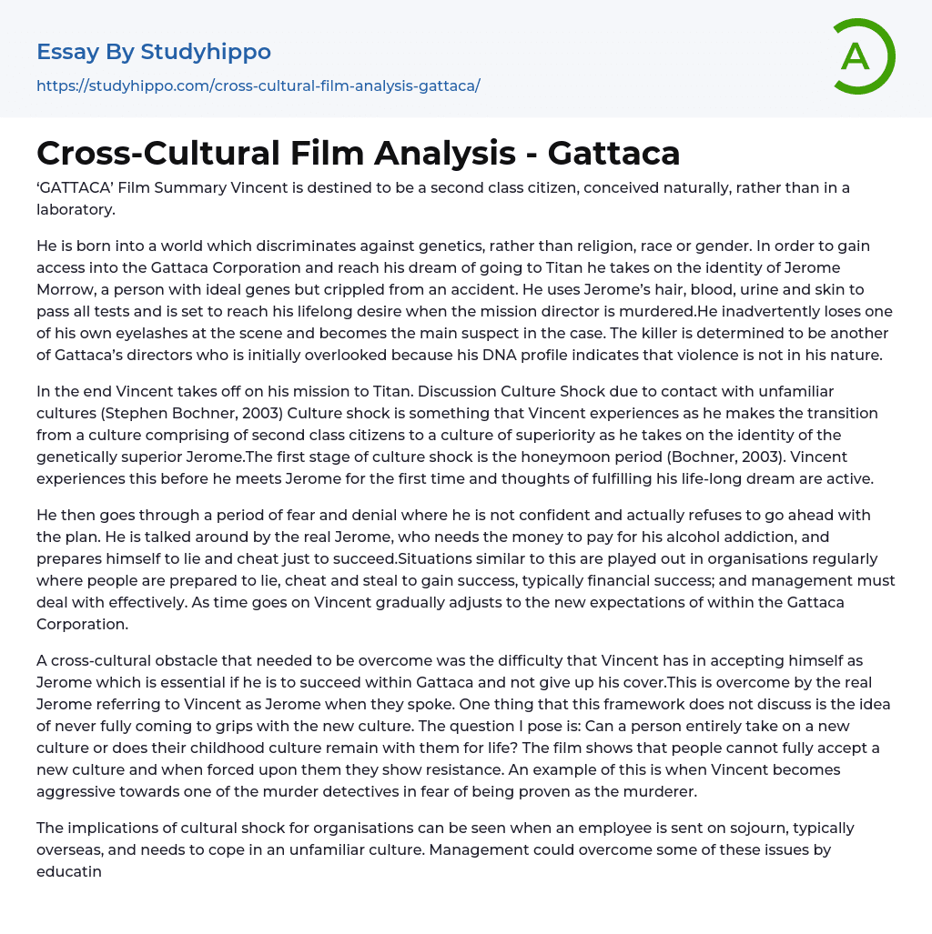 Cross-Cultural Film Analysis – Gattaca Essay Example