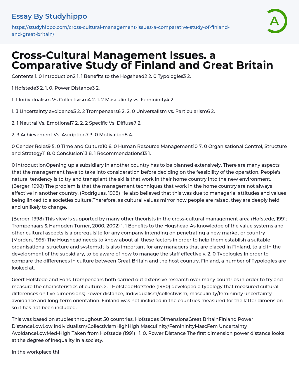 Cross-Cultural Management Issues: Comparative Study of Finland and Great Britain Essay Example