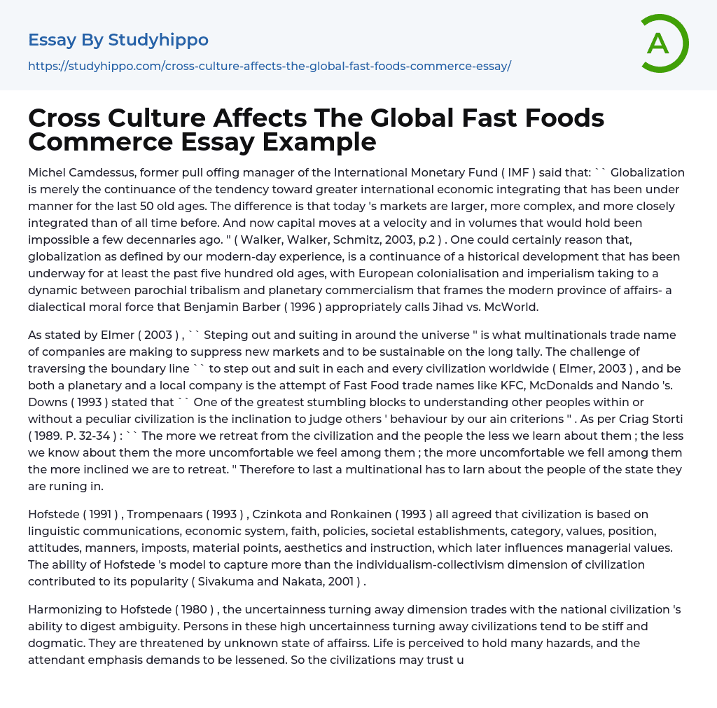 Cross Culture Affects The Global Fast Foods Commerce Essay Example