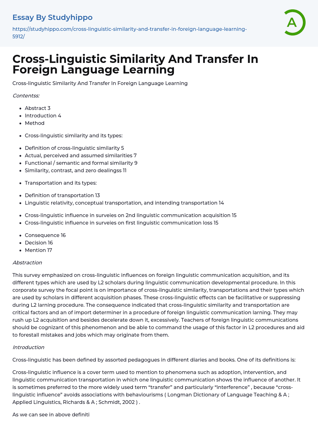 Cross-Linguistic Similarity And Transfer In Foreign Language Learning