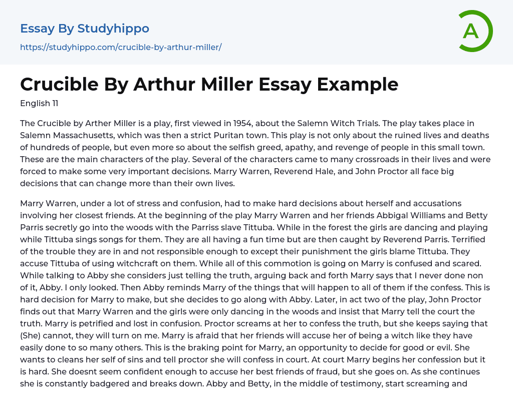 “The Crucible” by Arther Miller Essay Example