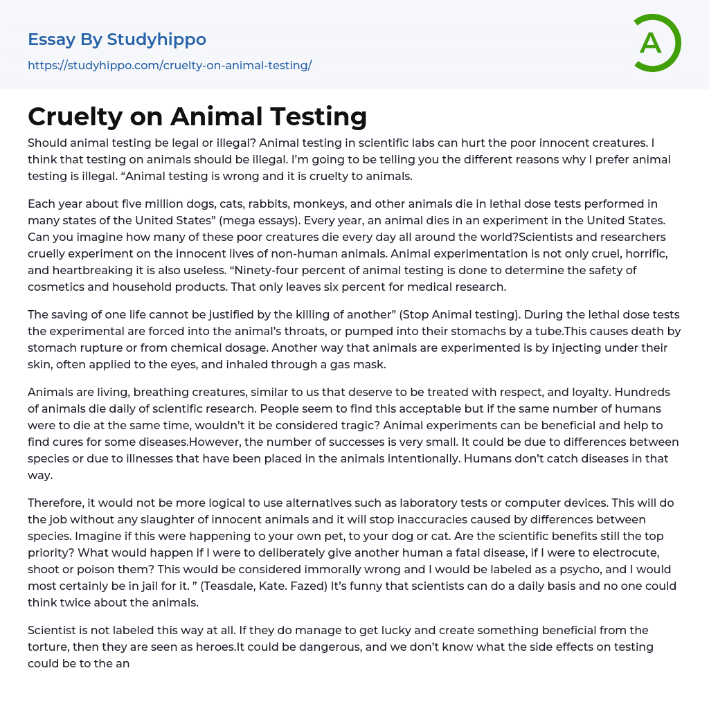 Cruelty on Animal Testing Essay Example