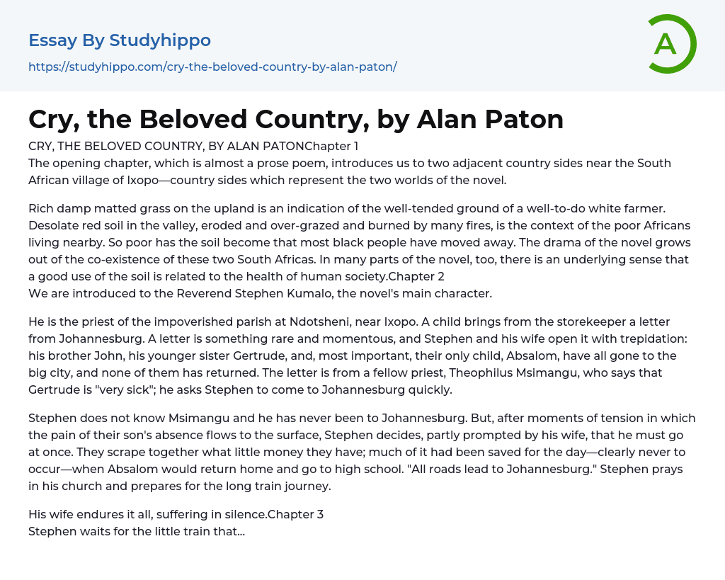 “Cry, the Beloved Country” by Alan Paton Essay Example