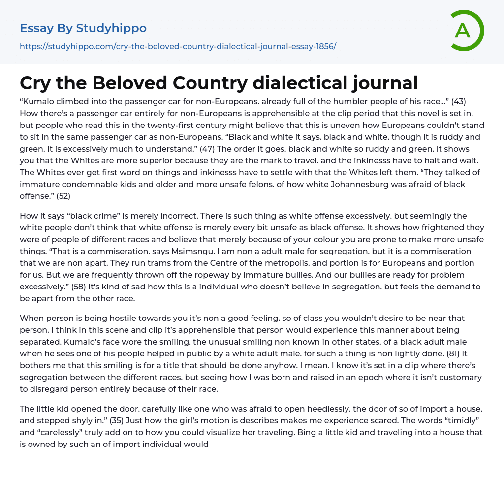 Cry the Beloved Country dialectical journal Essay Example
