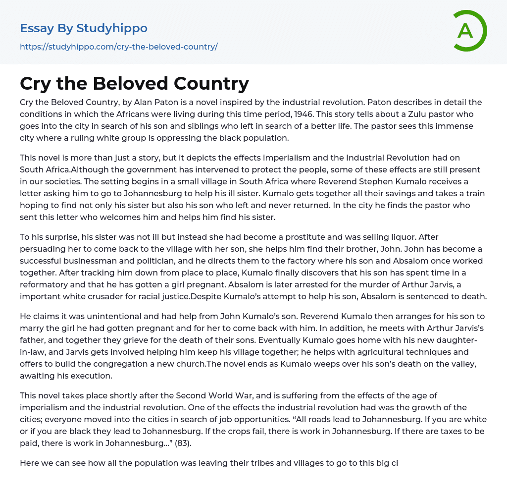 Cry the Beloved Country Essay Example