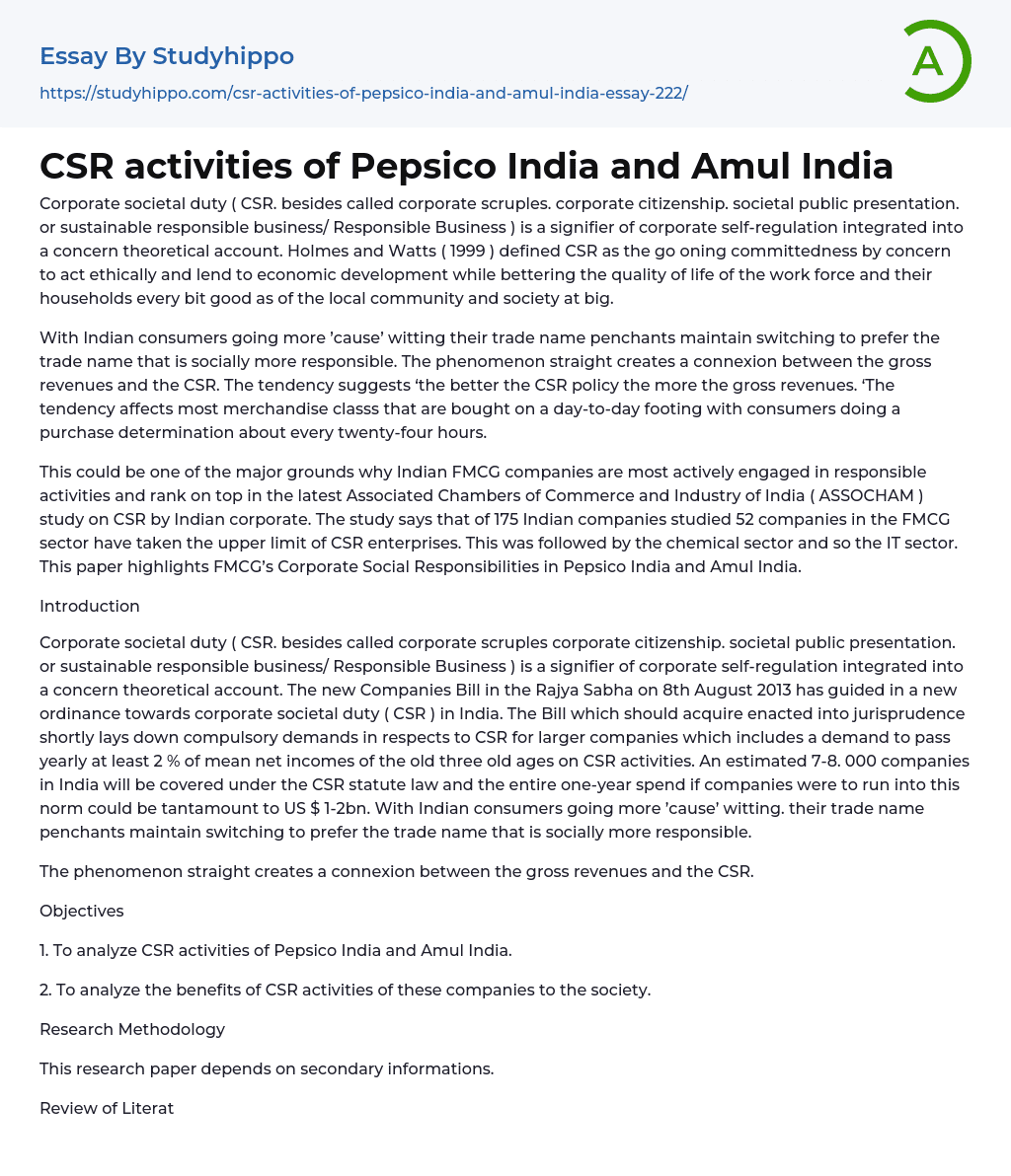 CSR activities of Pepsico India and Amul India Essay Example