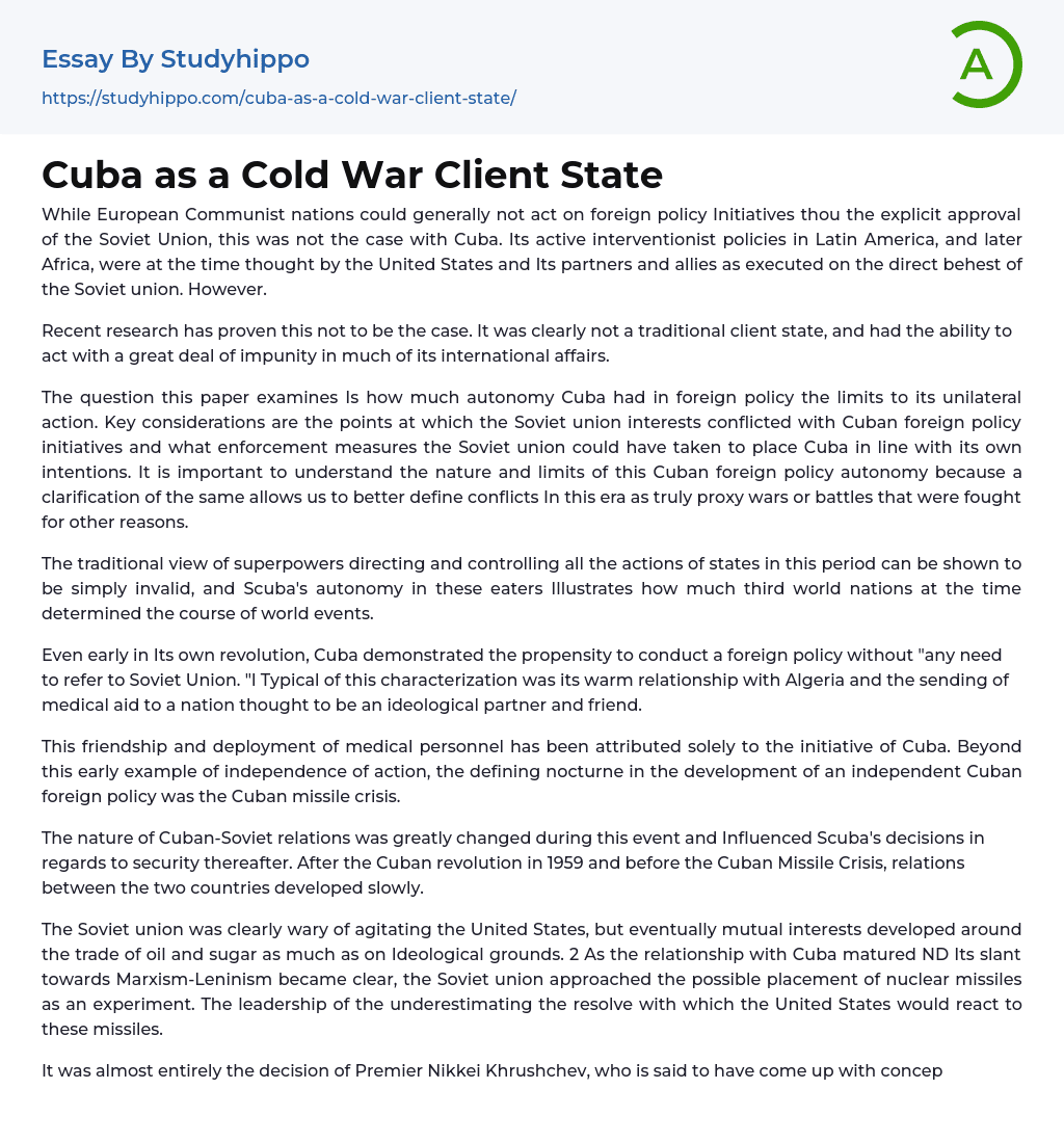 Cuba as a Cold War Client State Essay Example