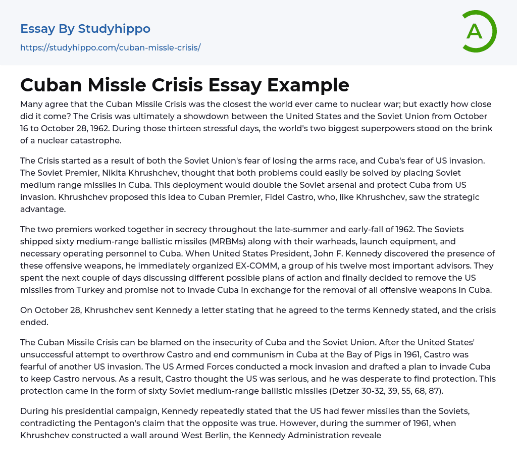 Cuban Missle Crisis Essay Example