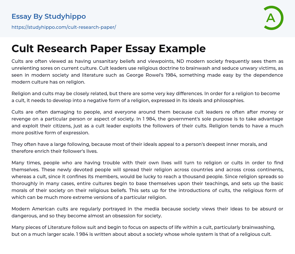 Cult Research Paper Essay Example