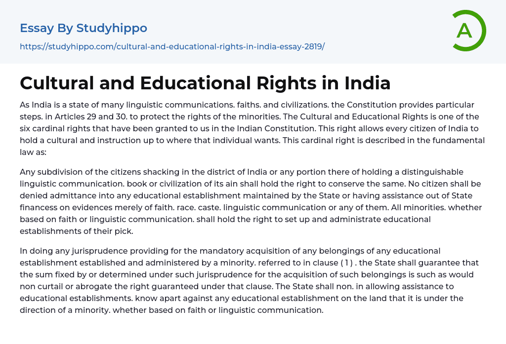 Cultural and Educational Rights in India Essay Example