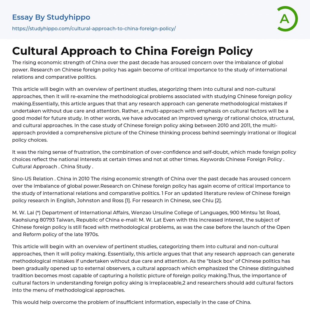 Cultural Approach to China Foreign Policy Essay Example