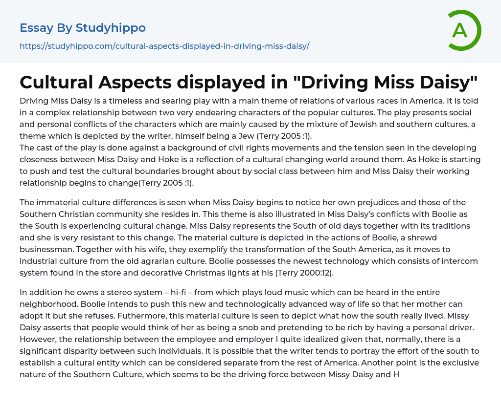 Cultural Aspects displayed in “Driving Miss Daisy” Essay Example