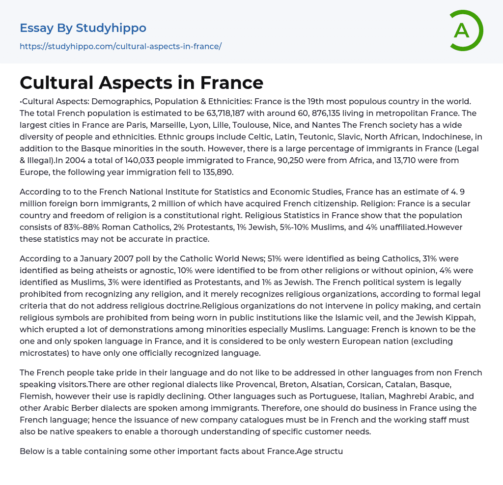 Cultural Aspects in France Essay Example