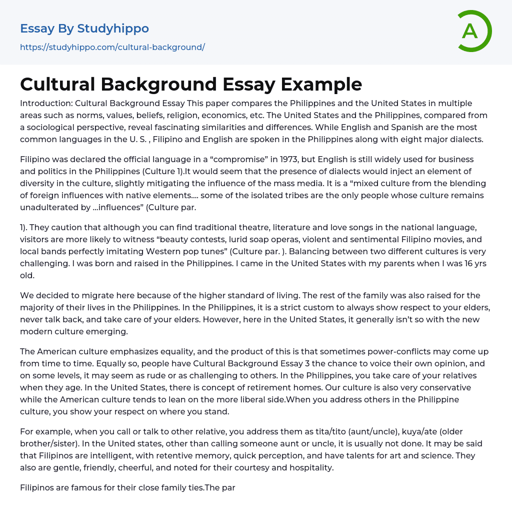 Cultural Background Essay Example