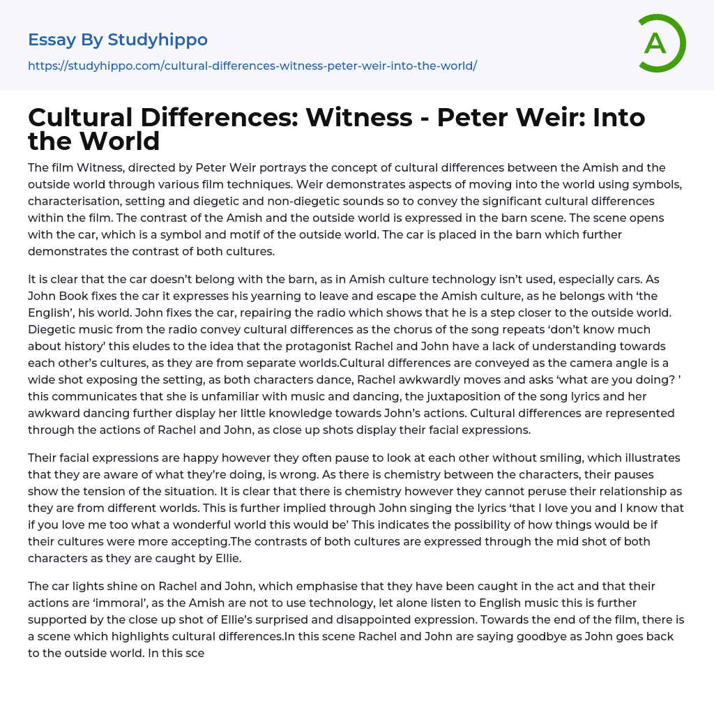 Cultural Differences: Witness – Peter Weir: Into the World Essay Example