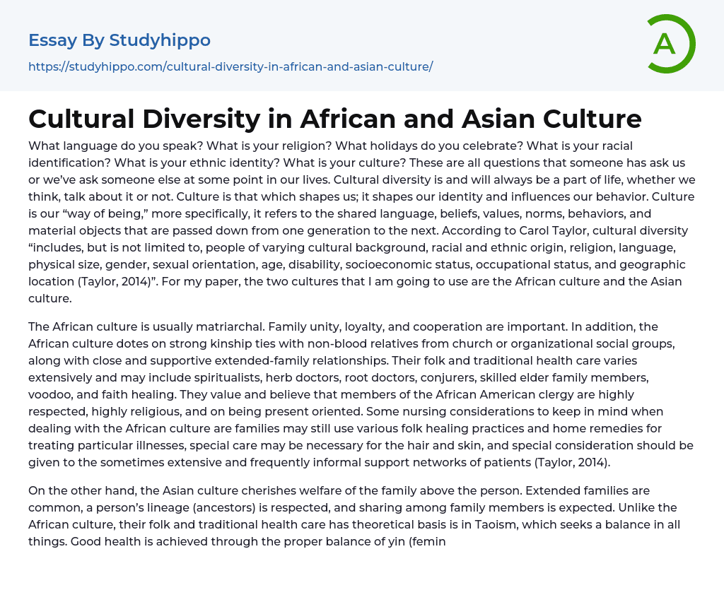 Cultural Diversity in African and Asian Culture Essay Example